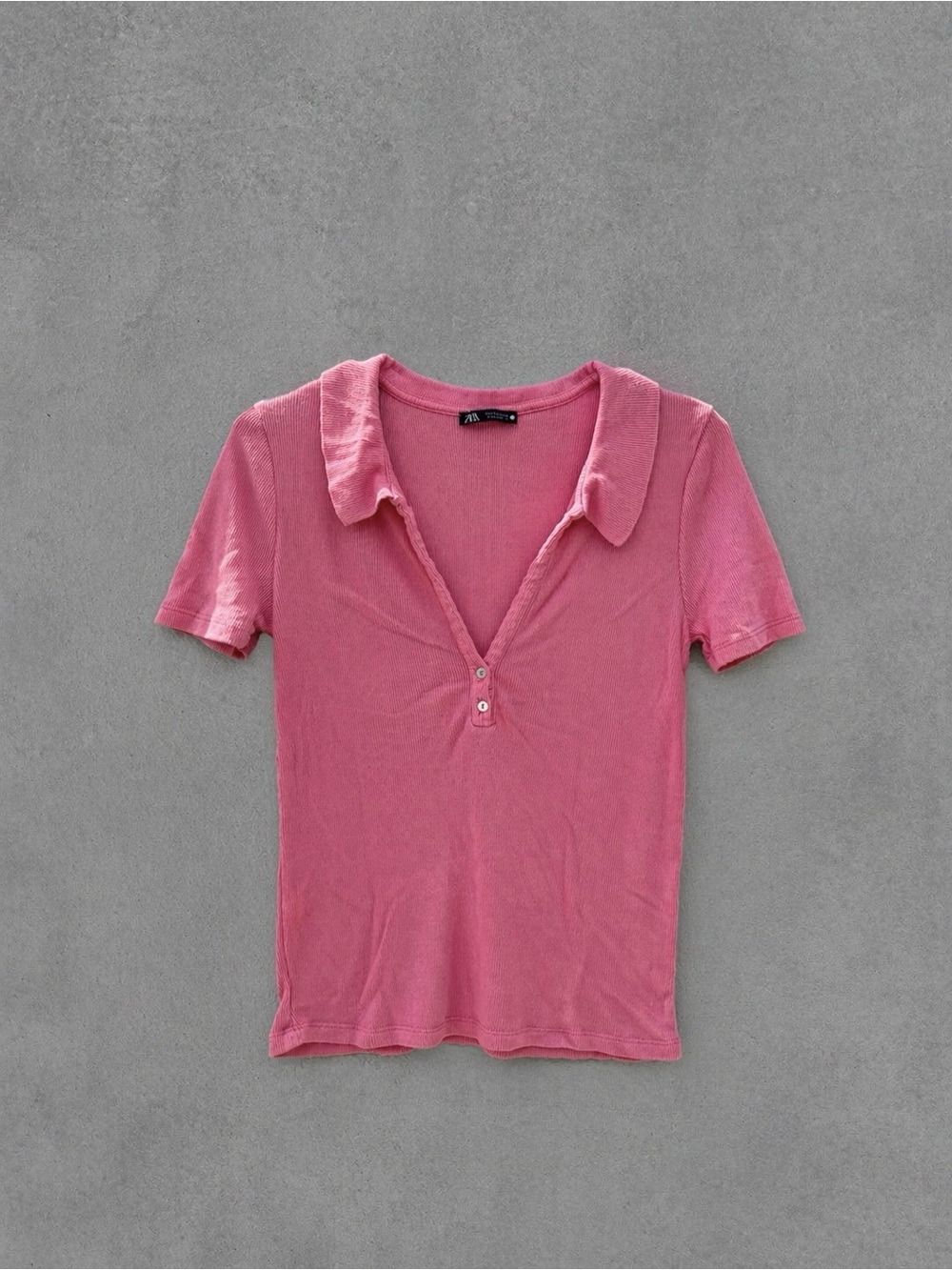 ZARA Pink Ribbed Collared Button Top